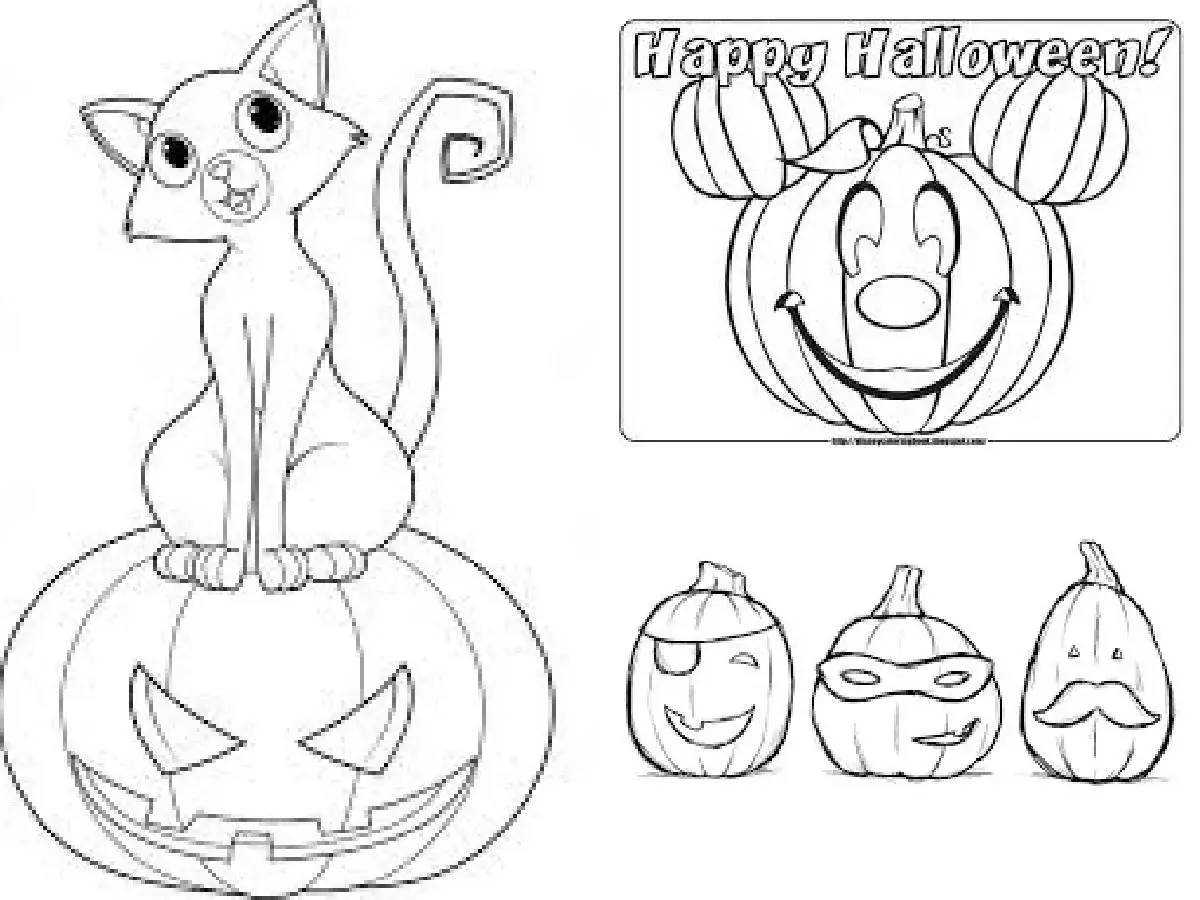 Gato negro sentado en una calabaza sonriente, y otras calabazas para colorear e imprimir.