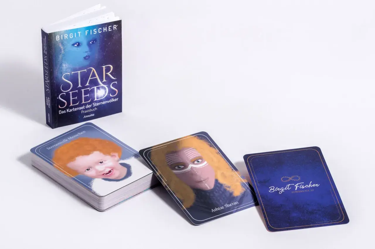Das Kartenset "Star Seeds" von Birgit Fischer mit Praxisbuch und Karten, darunter "Sternenvolk Menschen" und "Ashtar Sheran".