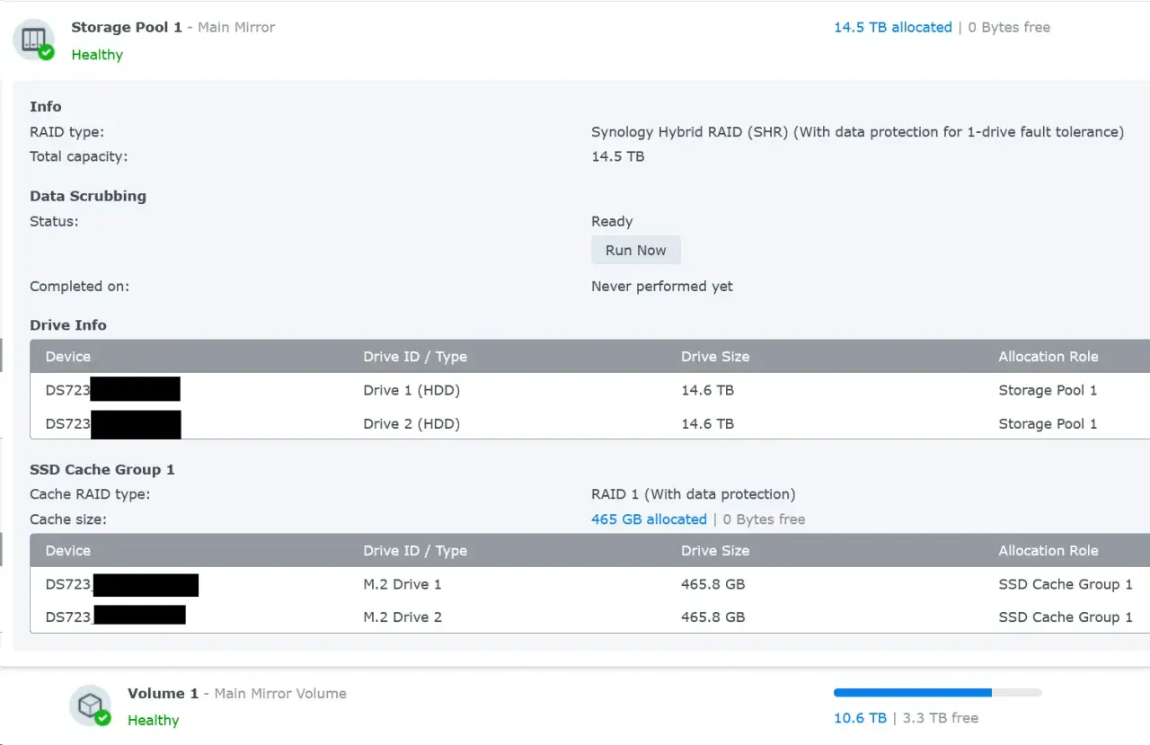 Speicherpool 1 mit RAID 1 (Spiegelung) und SSD-Cache. Zwei 14,6 TB HDDs und zwei 465,8 GB M.2 SSDs sind im Einsatz.