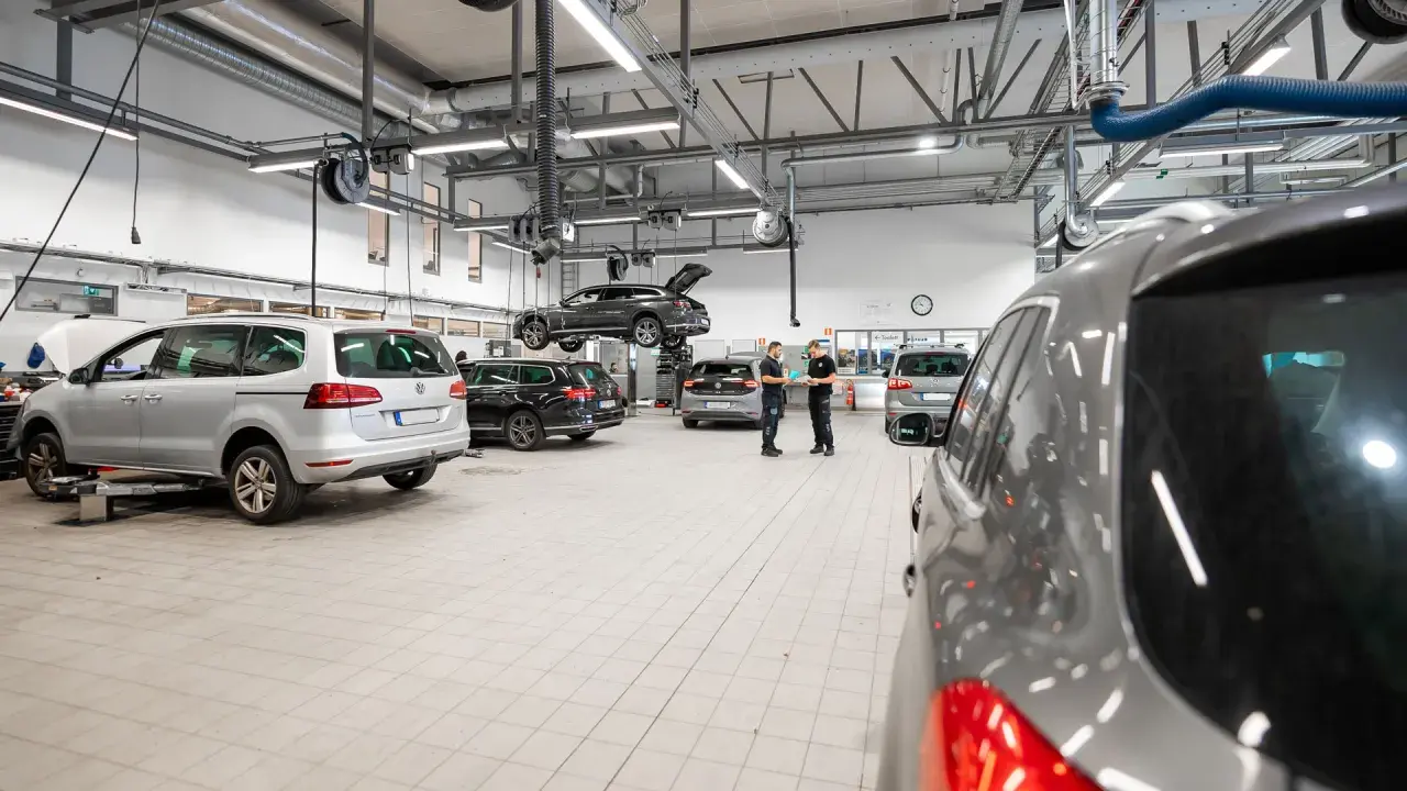 Bilverkstad med flera bilar, en lyft och mekaniker som diskuterar. Dags för volkswagen serviceintervall?