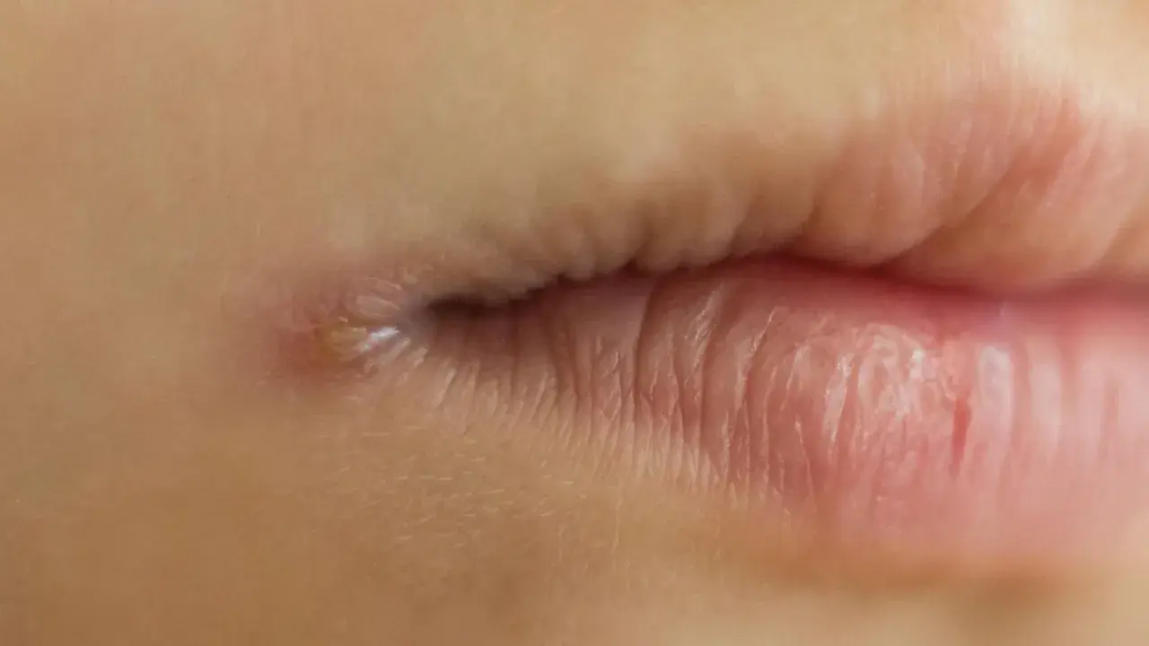Nahaufnahme eines Mundes mit einem kleinen Pickel am Mundwinkel. Dies könnte ein Hinweis auf eine Mundrose sein, für die eine Therapie notwendig ist.