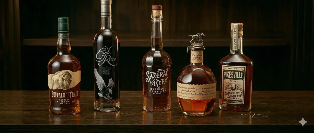 Pięć butelek whiskey: Buffalo Trace, Eagle Rare, Sazerac Rye, Blanton's, Pikesville Rye. Różnica między spirytusem rektyfikowanym a destylatem rolniczym jest tu widoczna w jakości i charakterze trunków.