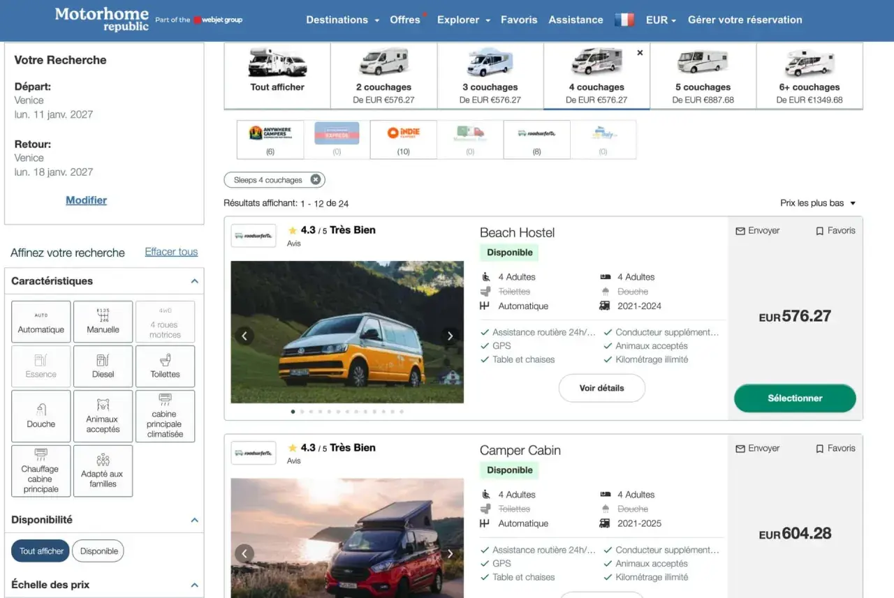 Location de camping-car à Venise : des options pour tous les budgets, avec des modèles de 2 à 6 couchages disponibles.