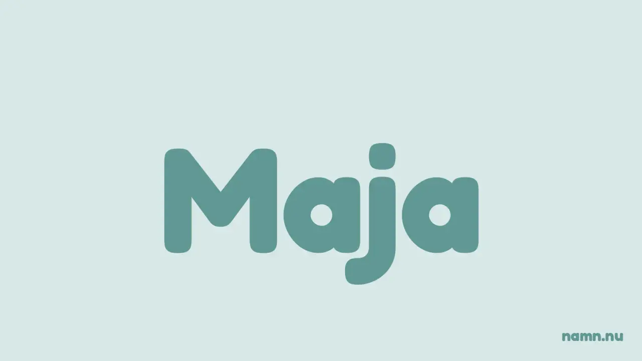 Stora, turkosa bokstäver bildar ordet "Maja". Namnet Maja har en rik betydelse och är populärt i Sverige.