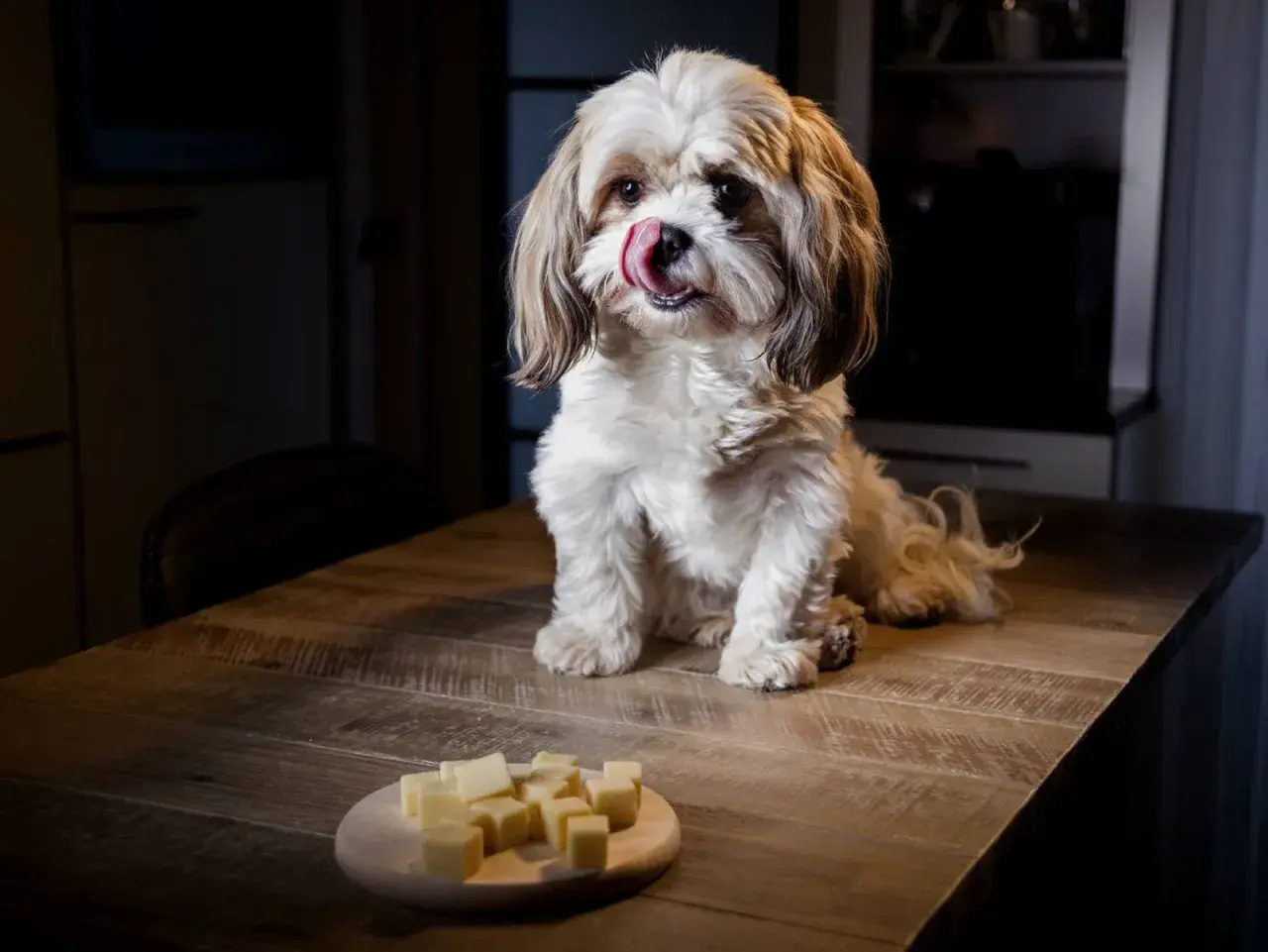 Un perro Shih Tzu con la lengua afuera mira un plato de cubos de queso, demostrando que los perros pueden comer queso.