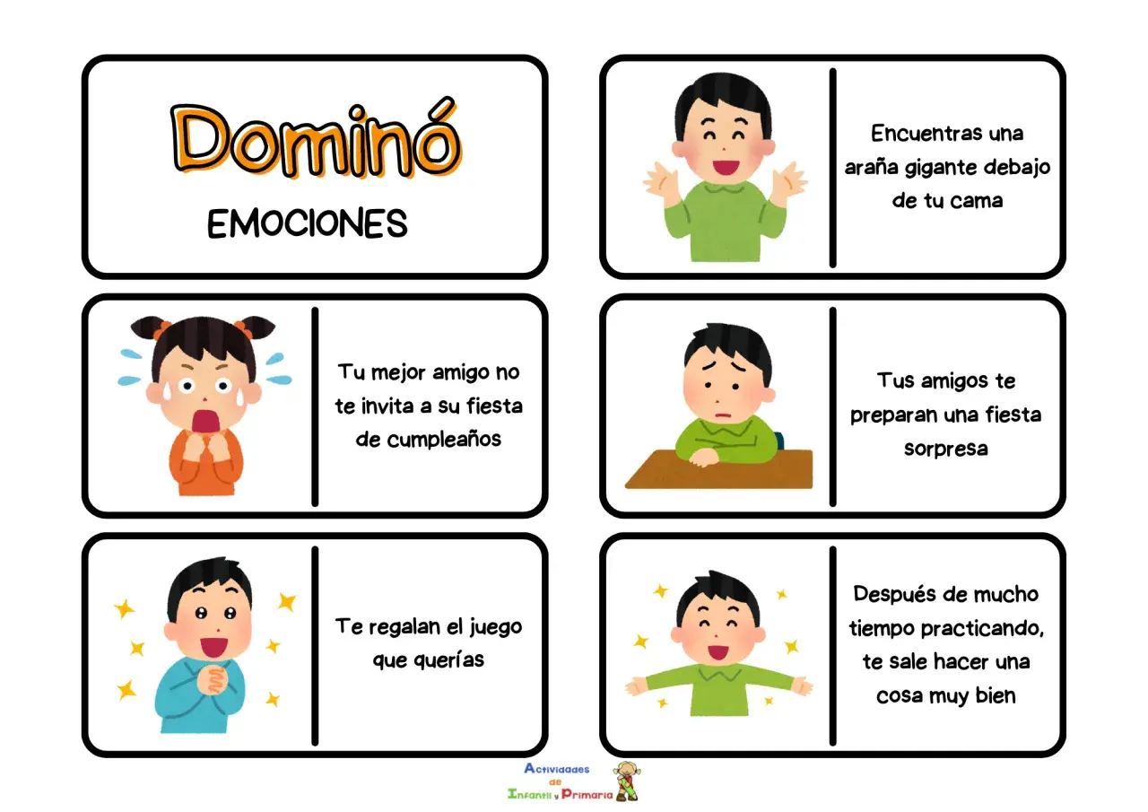 Juego de las emociones para imprimir. Dominó con ilustraciones de niños expresando sorpresa, miedo, alegría y decepción ante diversas situaciones.