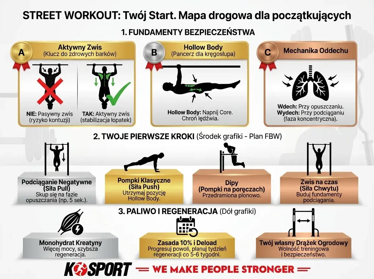 Plan FBW: ćwiczenia na drążku, pompki, dipy, zwisy. Podstawy bezpieczeństwa i regeneracji.