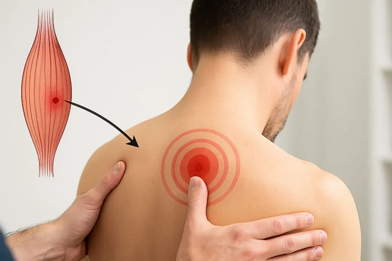 Illustration d'un muscle avec un point rouge indiquant un trigger point psoas, flèche pointant vers une zone douloureuse sur l'épaule d'un homme.