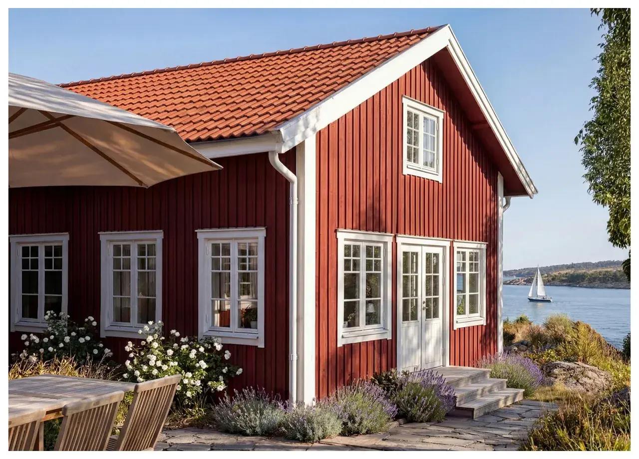 Rött trähus vid havet med vita fönster och en dropplist i fasaden. En segelbåt syns i bakgrunden.