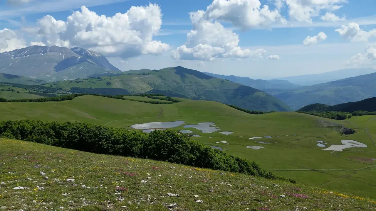 Vastes prairies verdoyantes parsemées de petits étangs dans le parc national des Monts Sibyllins, sous un ciel bleu et nuageux.