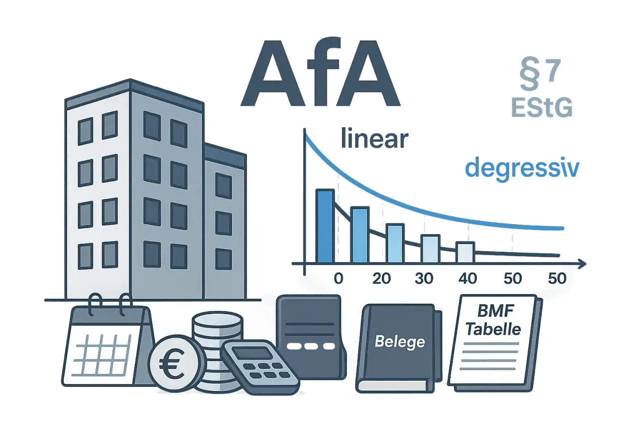 AfA-Berechnung: Gebäude, Kalender, Geld, Belege und BMF-Tabelle. Der Graph zeigt die lineare Abschreibung.