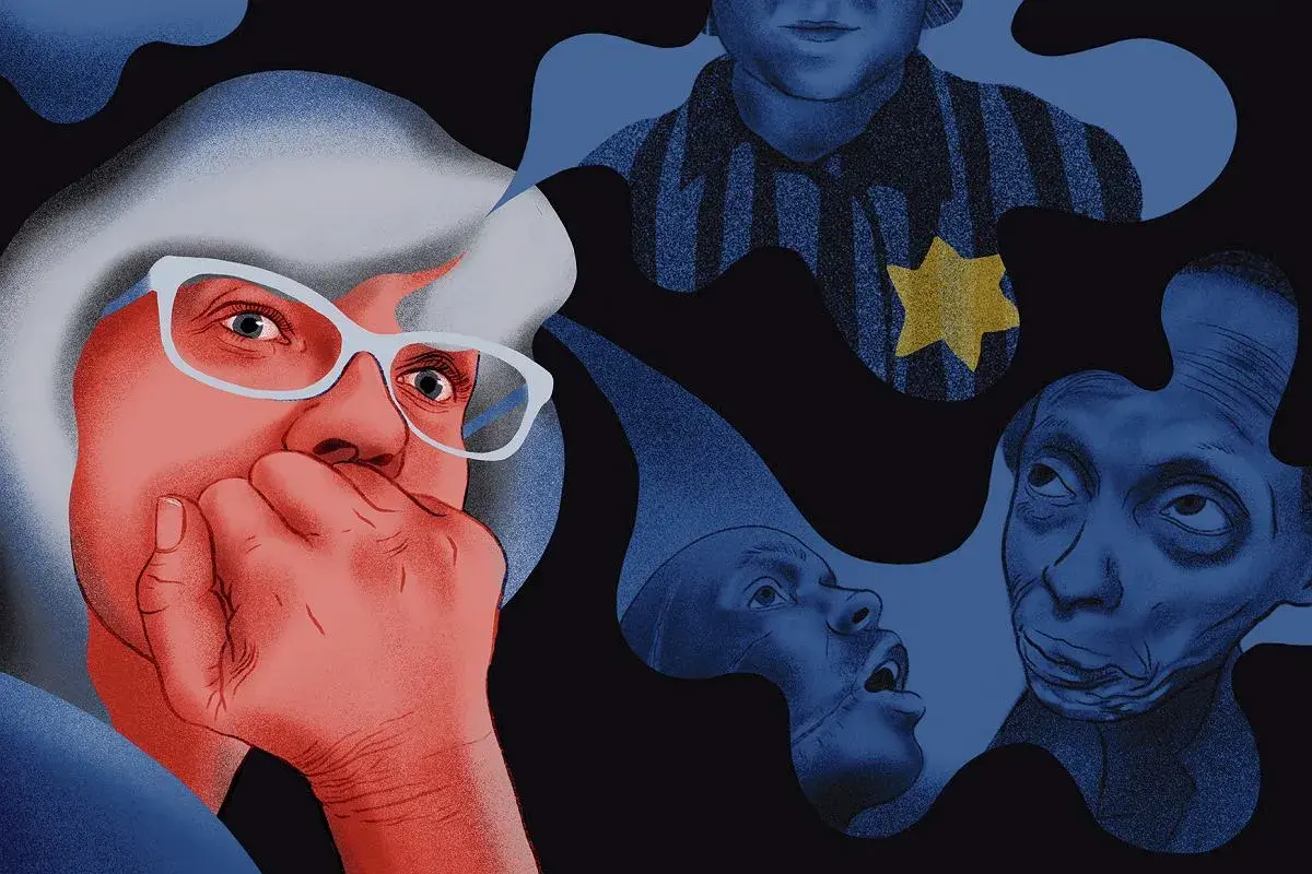 Portret kobiety z okularami, obok niej twarze w niebieskich odcieniach, jedna z gwiazdą Dawida. Obraz oddaje cechy reportażu, ukazując fragmenty historii.