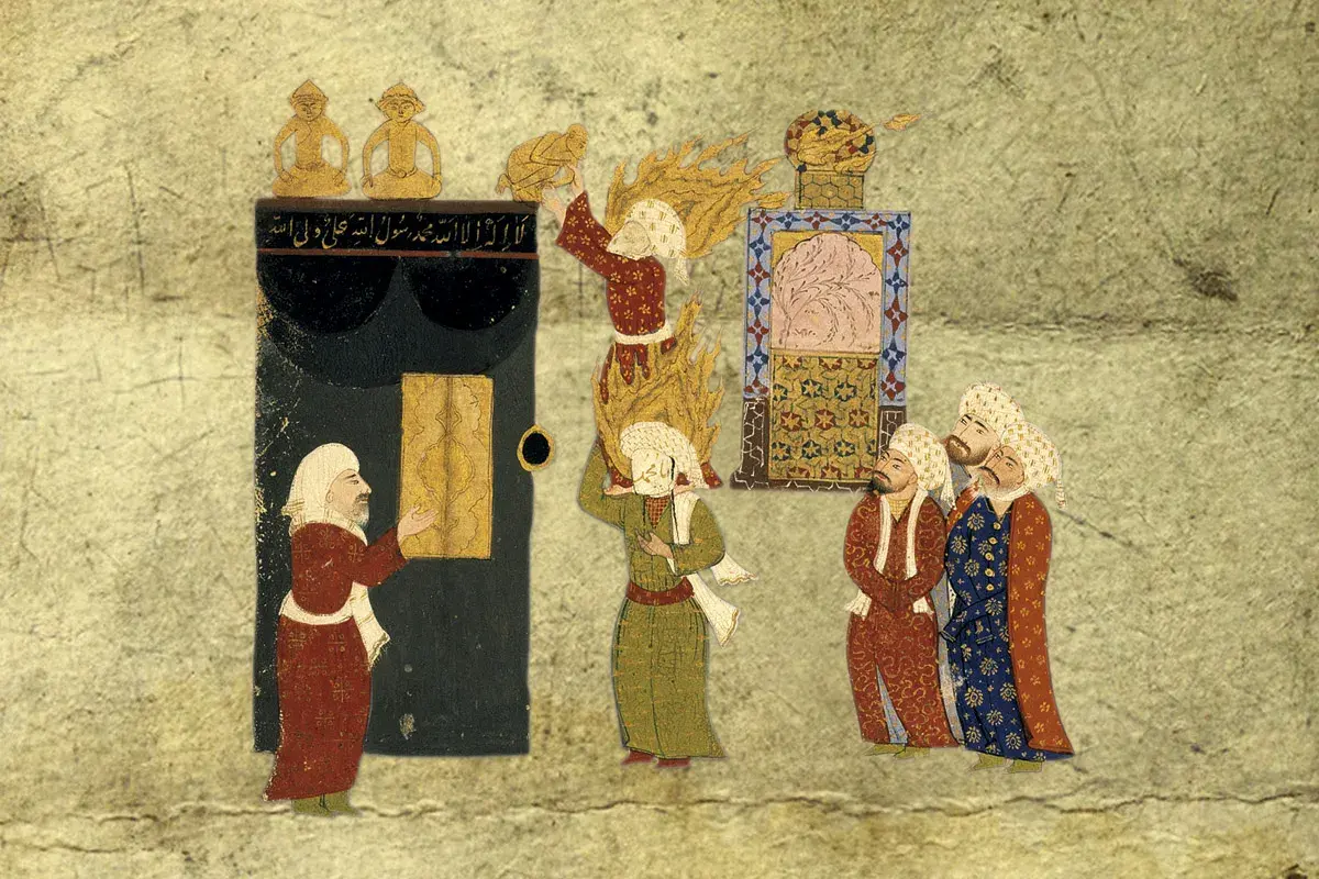En illustration visar profeten Muhammeds tidiga liv. En man vid Kaba, en annan bär eld, och åskådare.