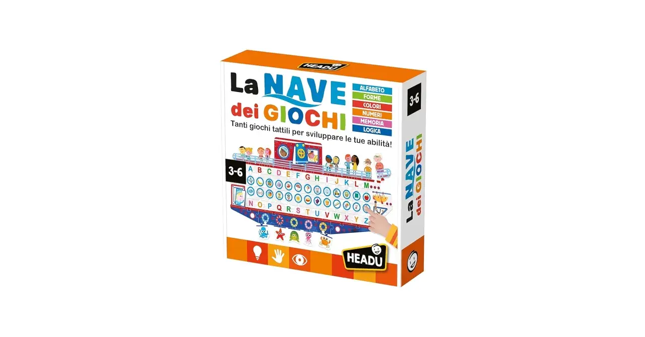 La Nave dei Giochi: tanti giochi sensoriali tattili per sviluppare alfabeto, forme, colori, numeri, memoria e logica. Ideale per bambini 3-6 anni.
