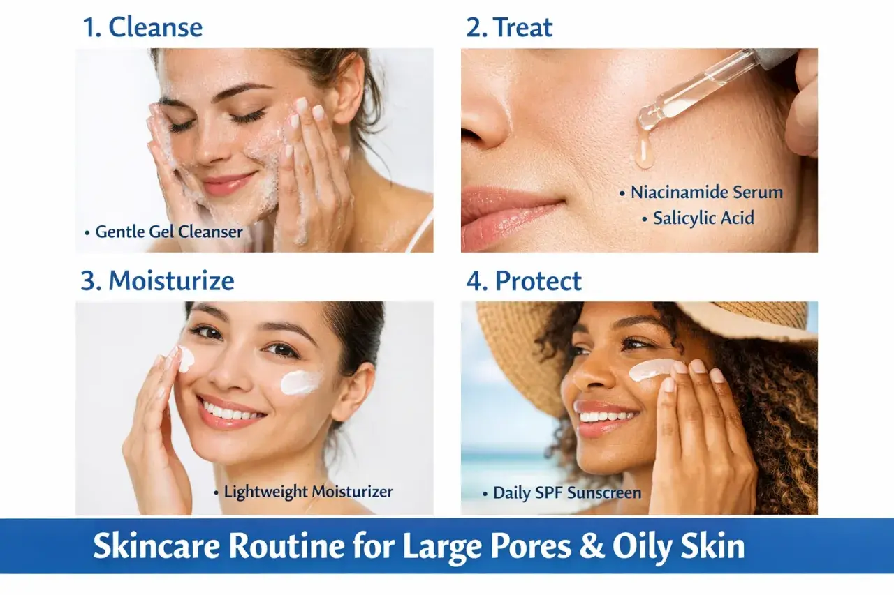Un protocole soin visage peau grasse : nettoyage doux, sérum traitant, hydratation légère et protection solaire quotidienne pour une peau nette.