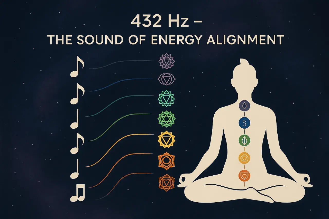 La frequenza 432 Hz allinea i chakra con note musicali e simboli, promuovendo l'equilibrio energetico.