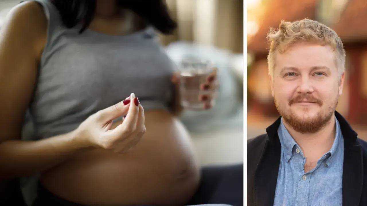 Gravid kvinna med tablett och glas vatten. Till höger en man. Frågor om paracetamol gravid?
