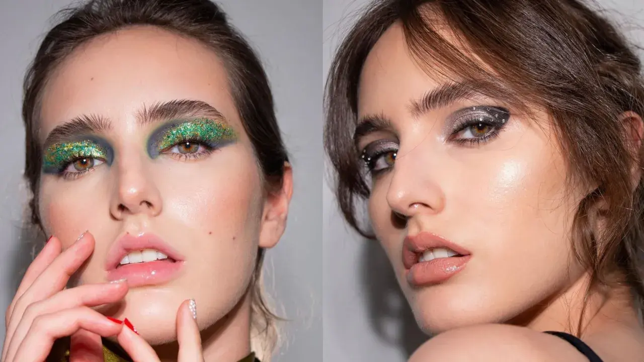 Dos looks de maquillaje de ojos para Navidad: uno con glitter verde y azul, otro con sombras plateadas y pedrería.