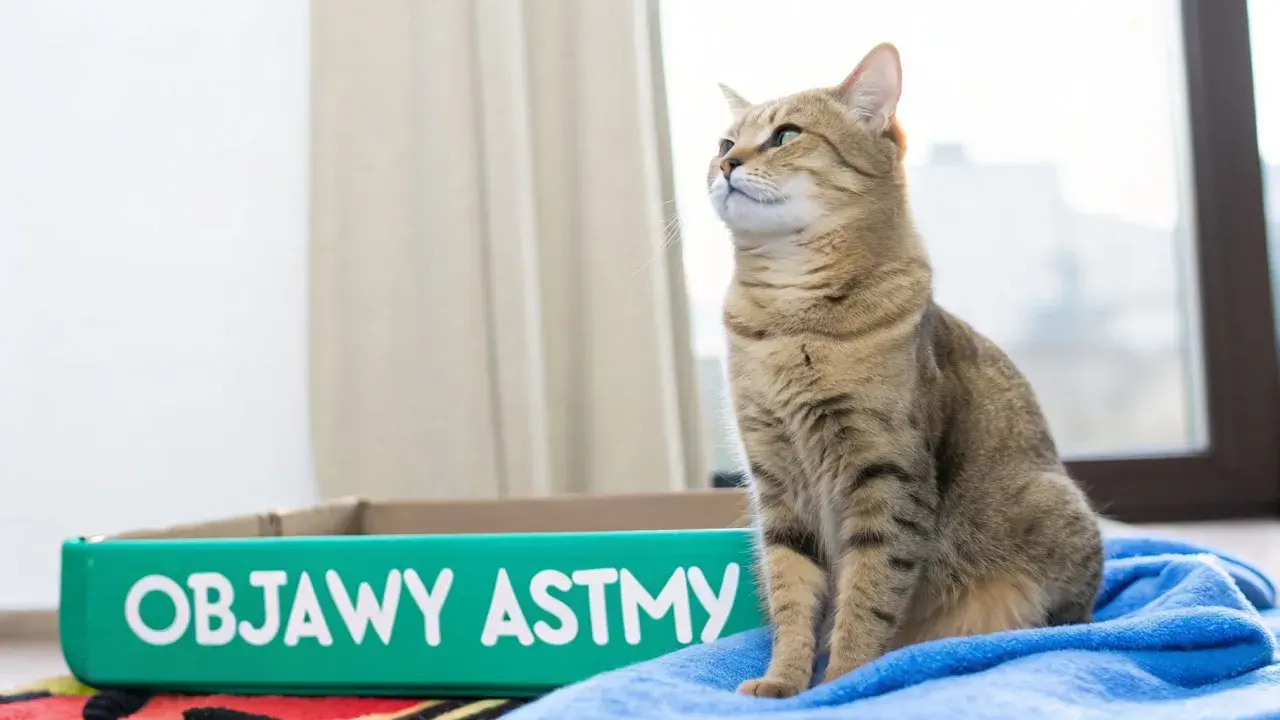 Kot siedzi obok kuwety z napisem "Objawy astmy".