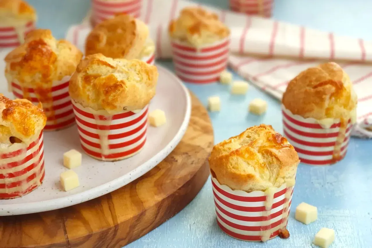 Muffin salati con formaggio filante, perfetti per ricette con formaggio grattugiato. Gustosi e invitanti, con un cuore filante.