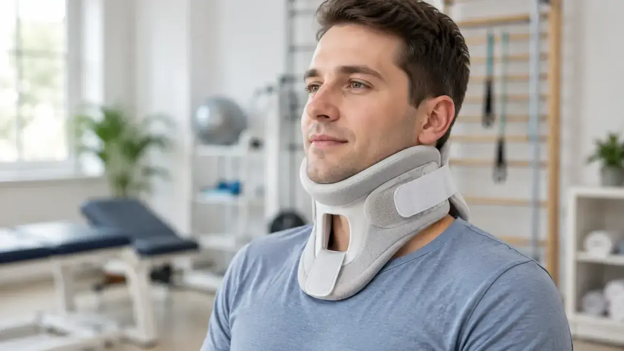 Mężczyzna w kołnierzu ortopedycznym, który może mieć pewne przeciwwskazania do noszenia. W tle gabinet rehabilitacyjny.