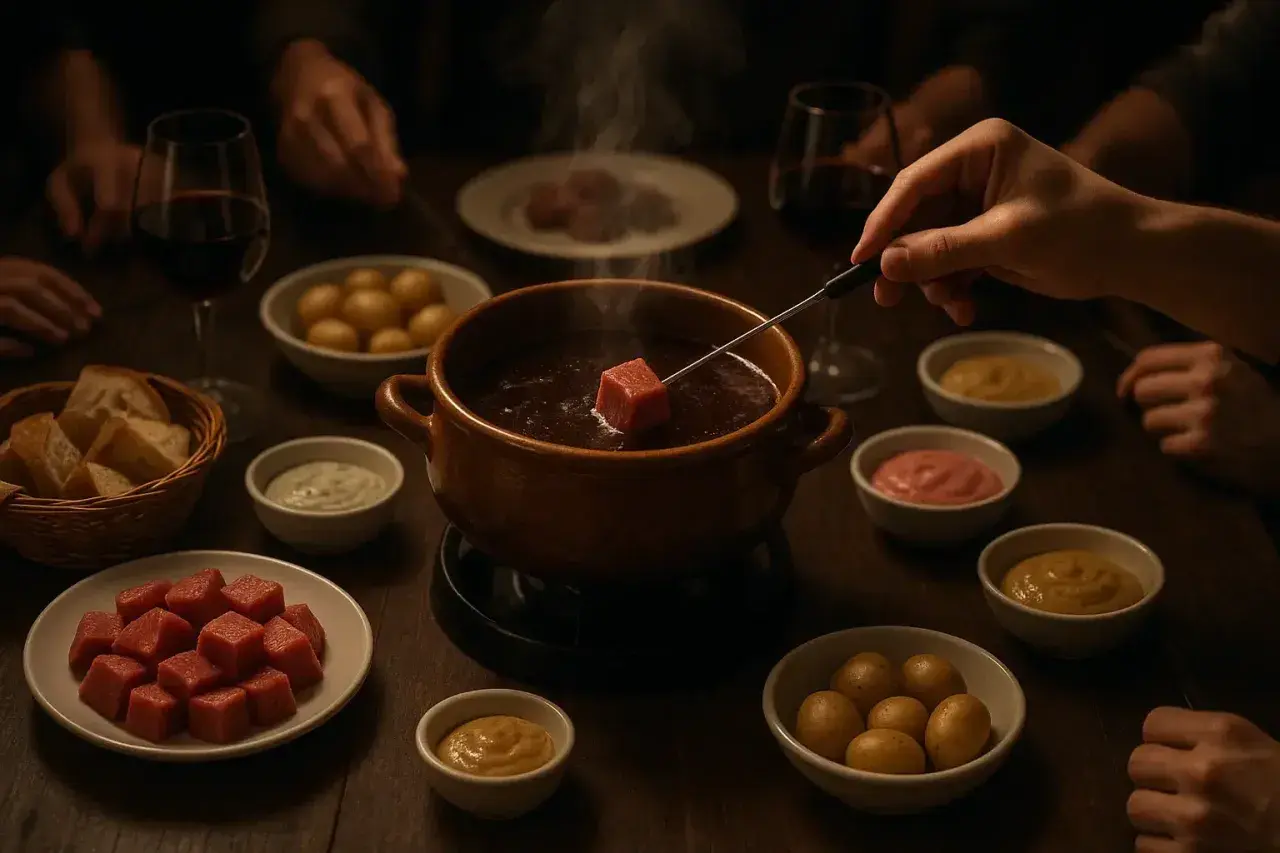 Une fondue sans vin, avec des dés de viande, des pommes de terre, du pain et des sauces.
