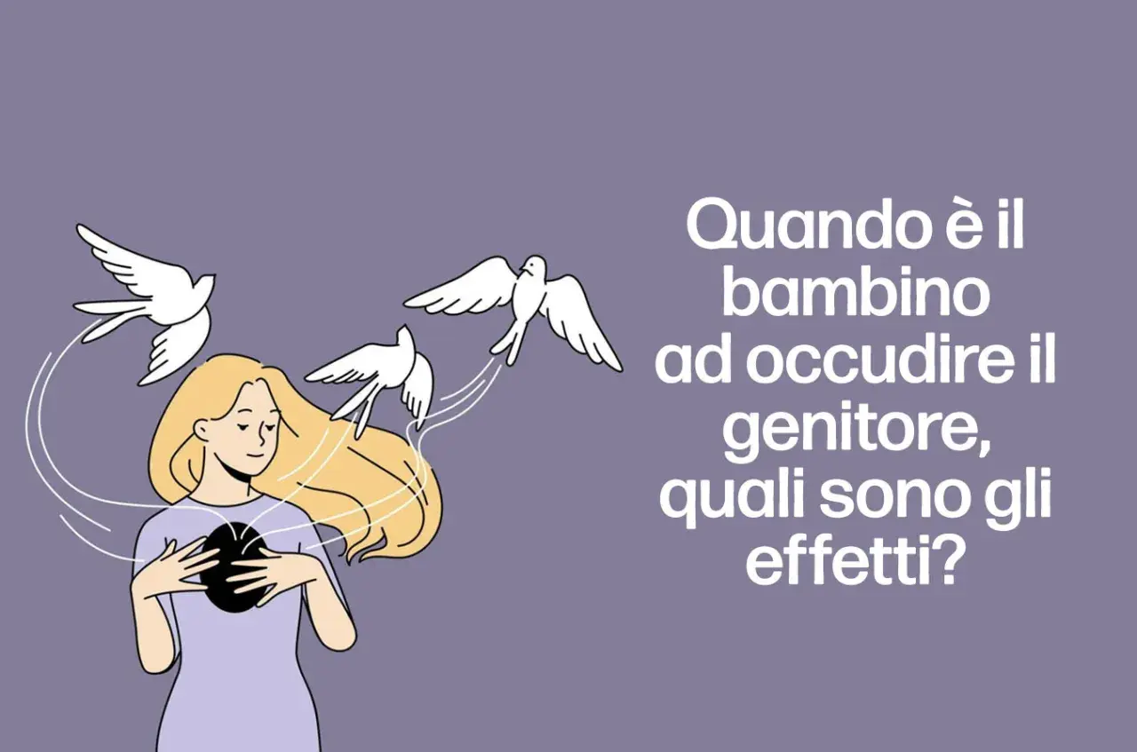 Ragazza con mani sul cuore nero, uccelli volano via. Riflessione sull'accudimento invertito e le sue conseguenze in età adulta.