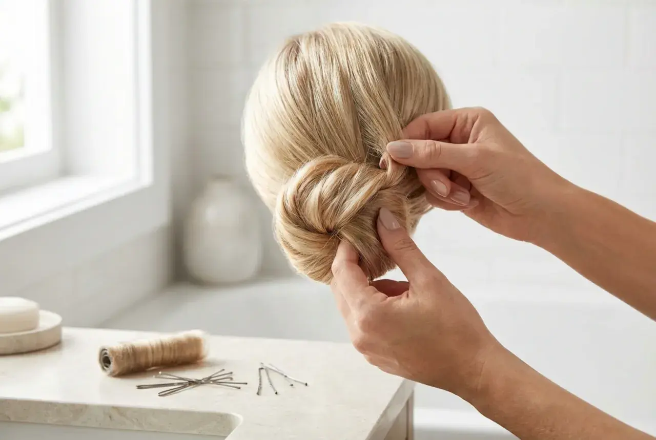 Händer formar en elegant knut i blont hår. Hårnålar och garnrulle ligger på bänken.