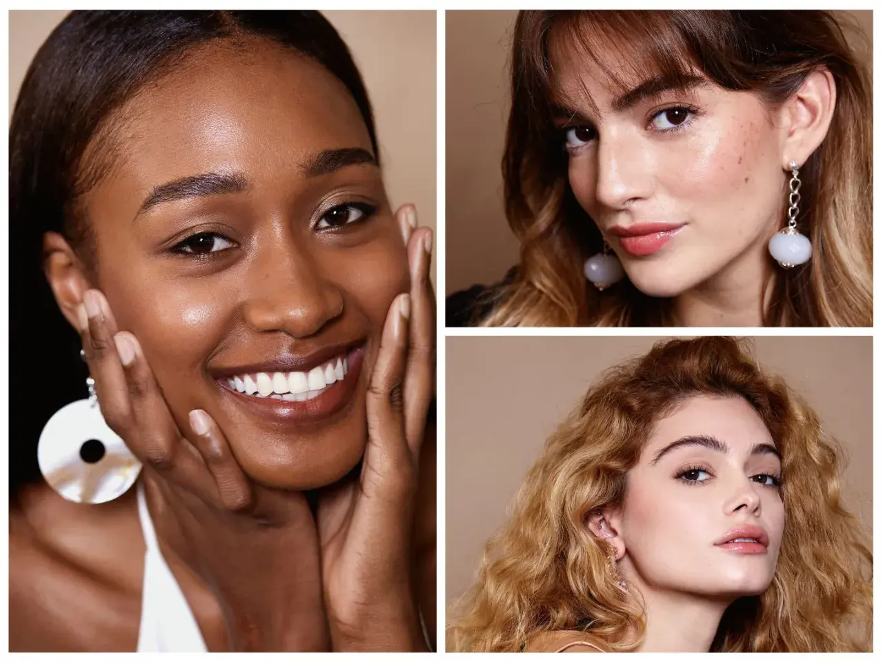 Tre donne sorridono, con focus sui loro volti. Perfetto per capire dove mettere la cipria per un finish impeccabile.