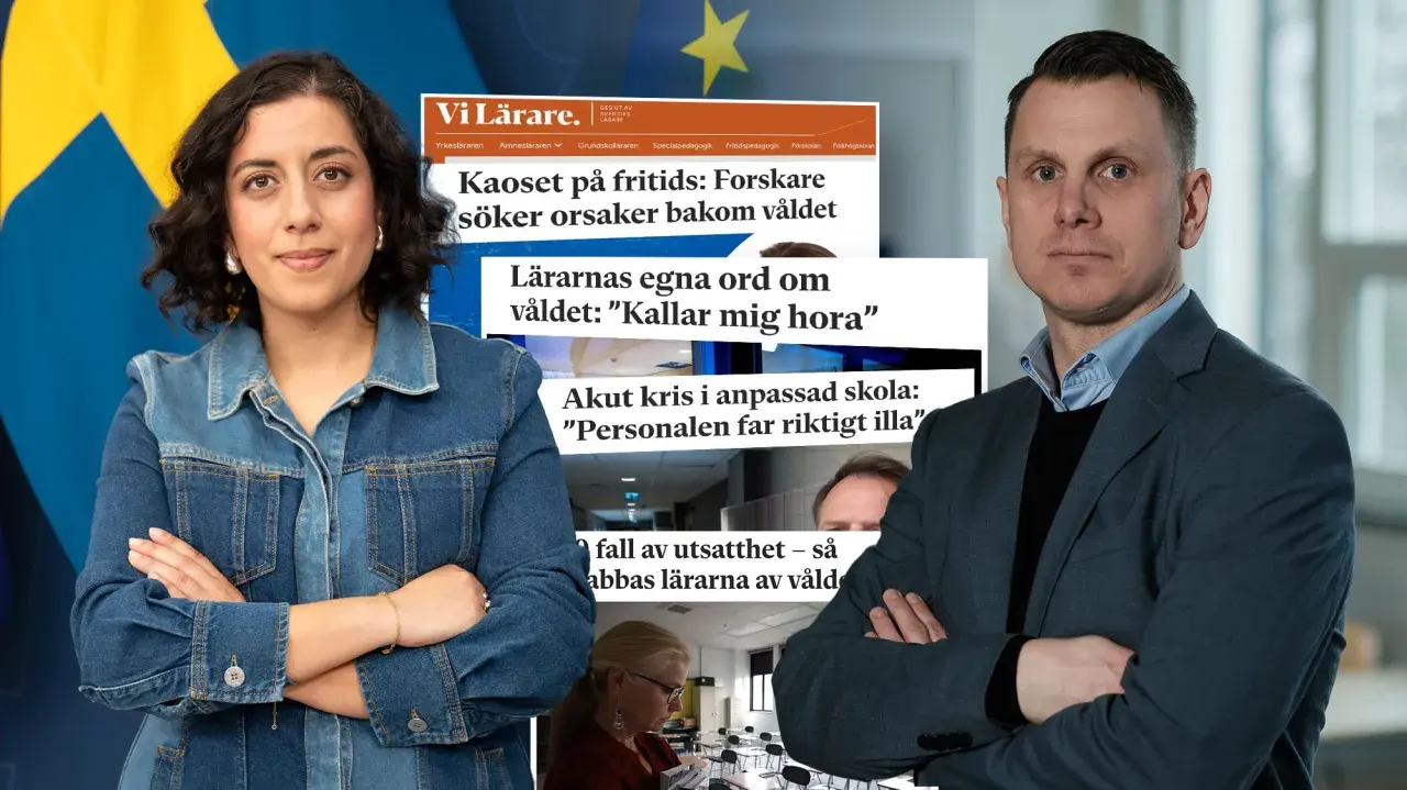 Kvinna och man med armarna i kors framför tidningsurklipp om våld i skolan. De representerar en inre resurs för att hantera utmaningar.