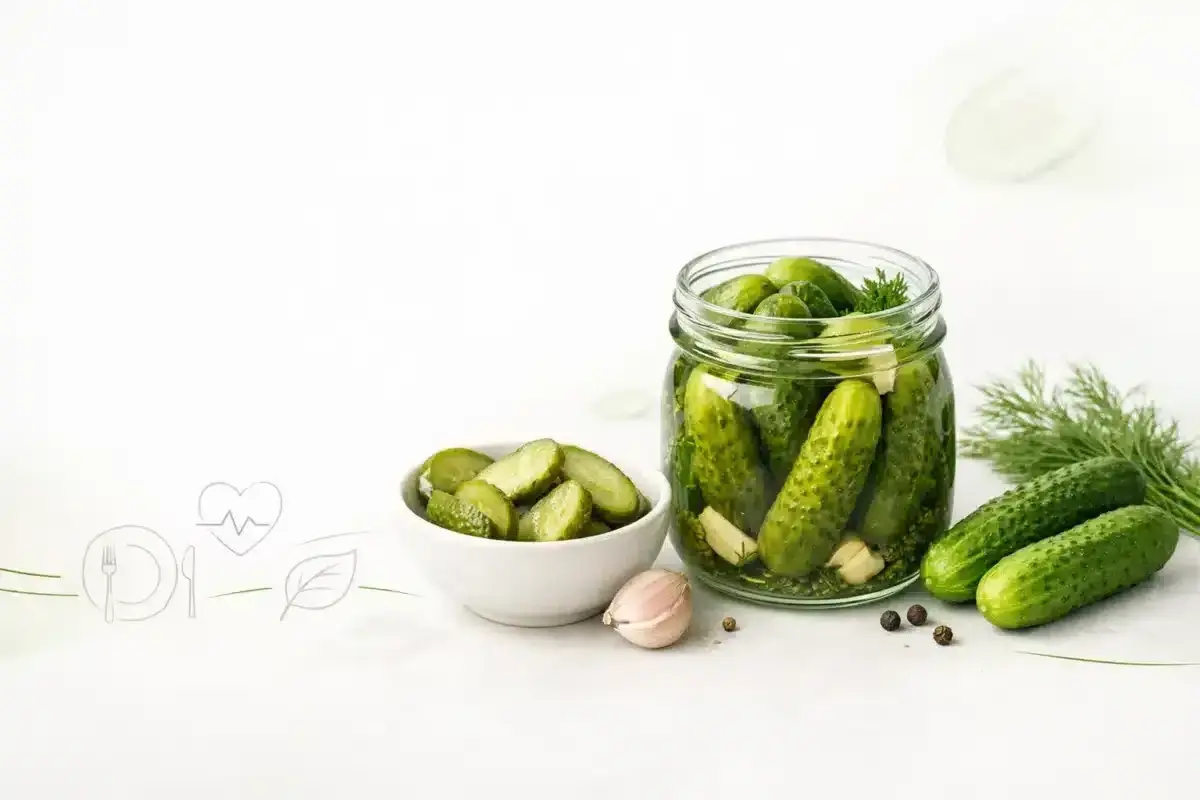 Słoik pełen ogórków kiszonych, miseczka pokrojonych, czosnek i koperek. Czy ogórki kiszone są zdrowe? Tak, to naturalny probiotyk!