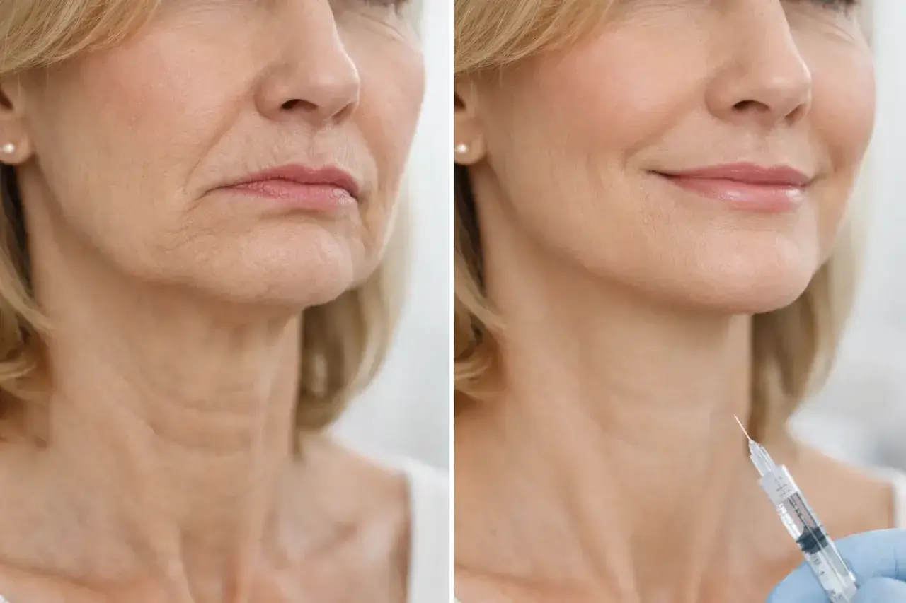 Före- och efterbilder visar en kvinna som får botox för att minska rynkor. Även om botox inte rekommenderas för gravida, kan det ge ett slätare utseende.