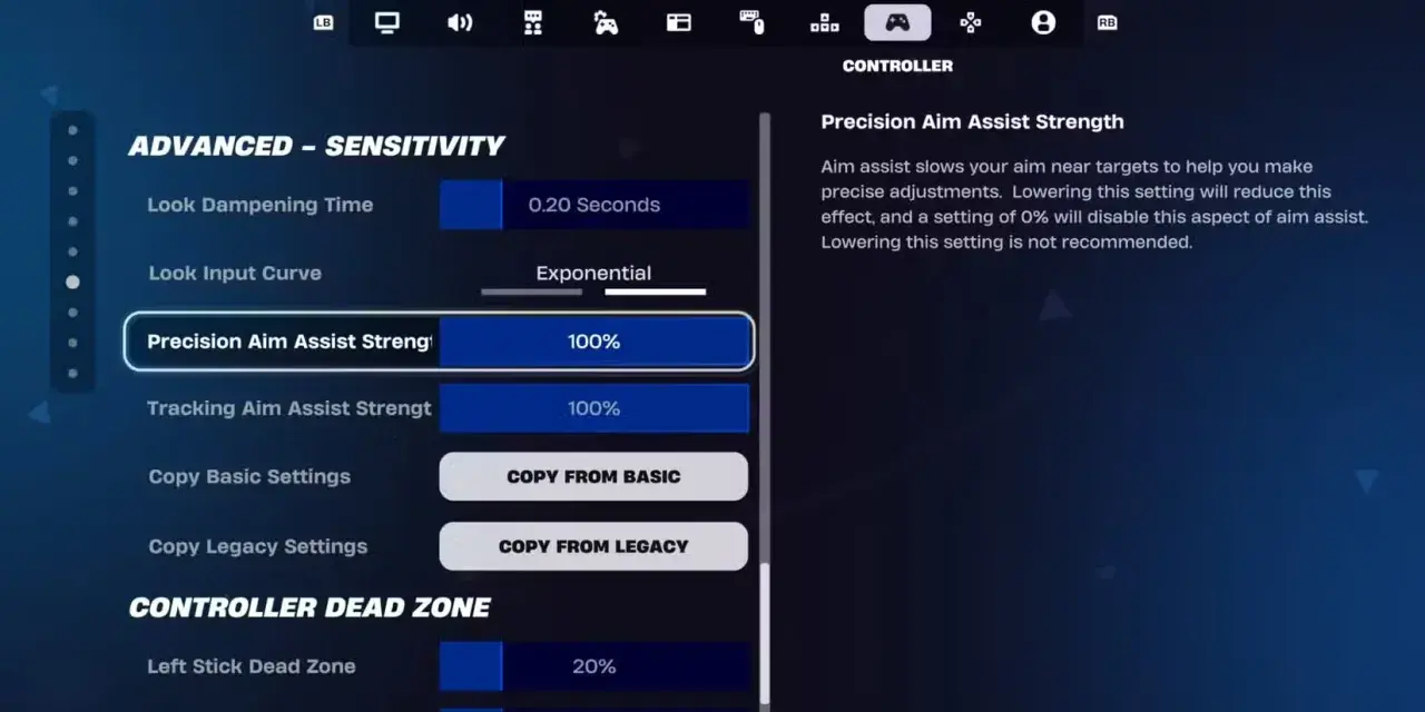 Ustawienia czułości w Fortnite: Precision Aim Assist Strength na 100%.