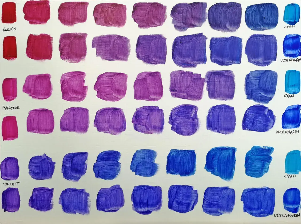 Farbverläufe von Rot über Pink und Violett bis zu verschiedenen Blautönen. Zeigt, wie man hellblau mischt, indem man Blau mit Weiß oder anderen Farben kombiniert.