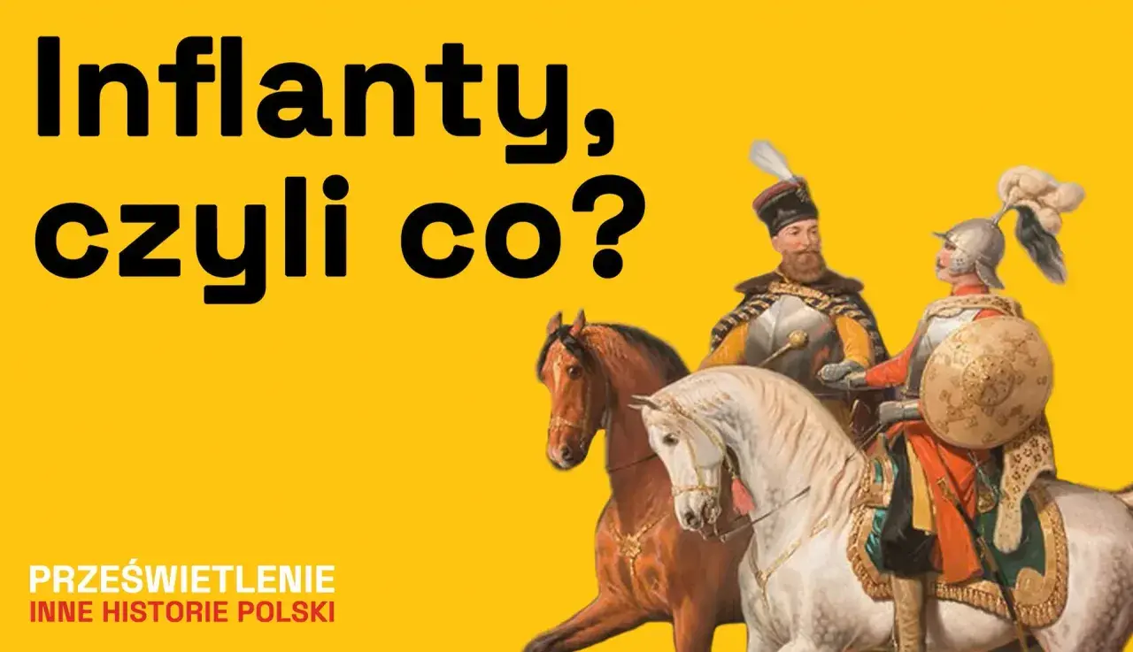 Dwóch jeźdźców w strojach historycznych na koniach, na żółtym tle.