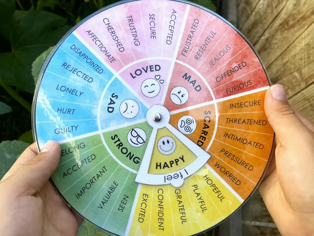 Rueda de las emociones para ejercicios de autoconocimiento. Identifica tus sentimientos con este círculo de emociones.