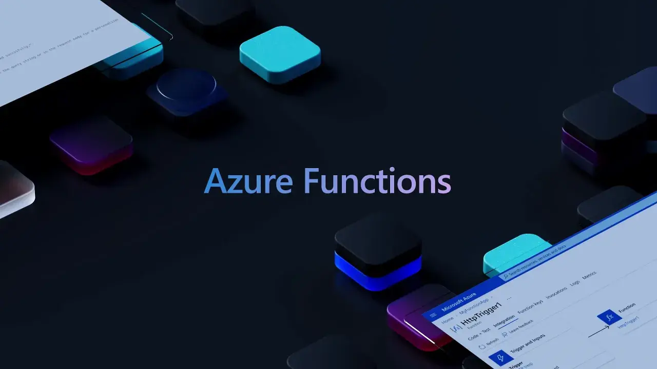 Interface de développement pour Azure Functions, avec des blocs lumineux et du code.