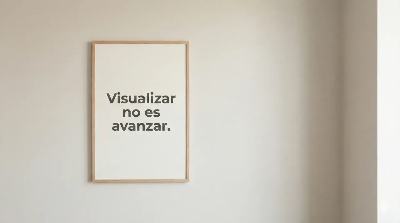 Un cuadro con la frase "Visualizar no es avanzar" cuelga en una pared. Un recordatorio para este agosto, con frases motivadoras que impulsan a la acción.