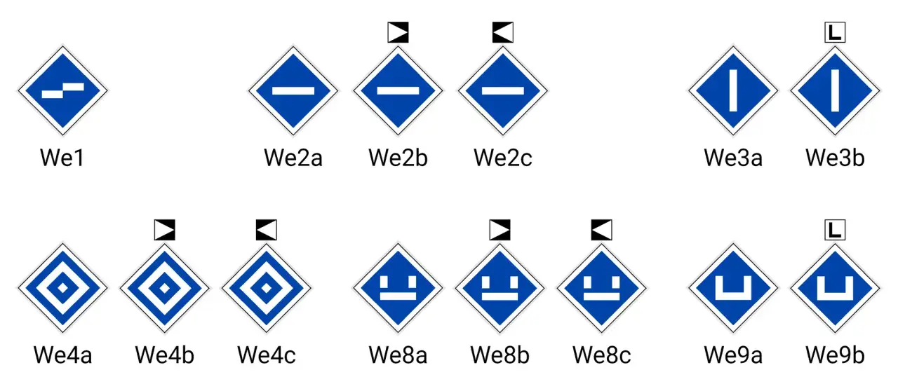 Kolejne znaki kolejowe: We1, We2a-c, We3a-b, We4a-c, We8a-c, We9a-b.