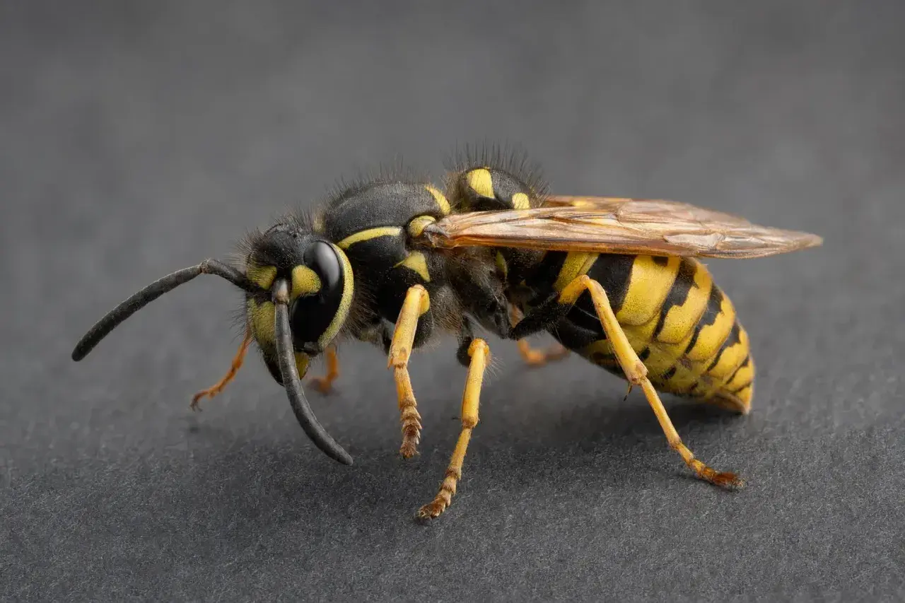 En närbild av en bålgeting med sina karakteristiska gula och svarta ränder. Den sitter på en mörk yta, redo att flyga iväg från sitt bålgeting bo.