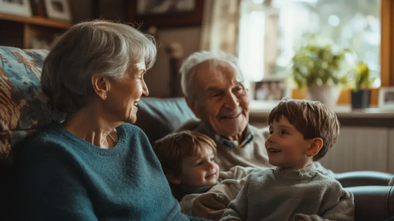 Abuelos sonríen a sus nietos. Es como soñar con abuelo fallecido, rodeado de amor familiar.