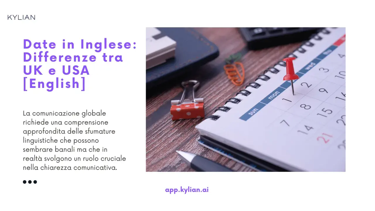Un calendario con una puntina rossa segna il primo giorno del mese, utile per imparare i giorni del mese in inglese e le differenze tra UK e USA.