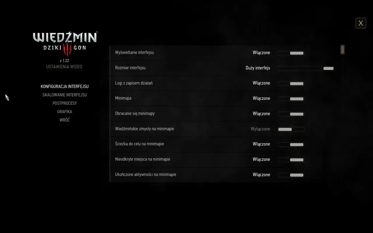 Menu Wiedźmin 3: Ustawienia interfejsu, skalowanie, grafika. Opcje dotyczące minimapy, w tym wiedźmińskie zmysły i podniesienie poziomu przeciwników.