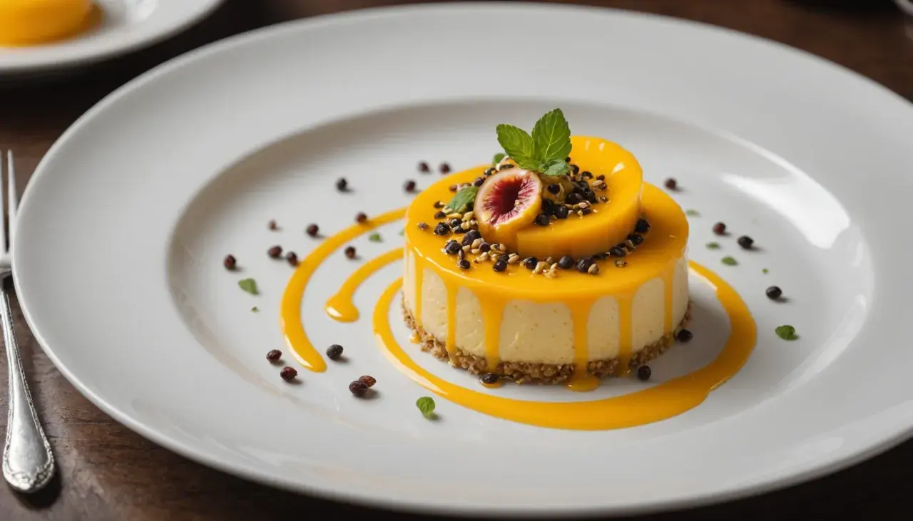 Gâteau crémeux nappé d'un coulis fruit de la passion, décoré d'une figue et de grains de chocolat.