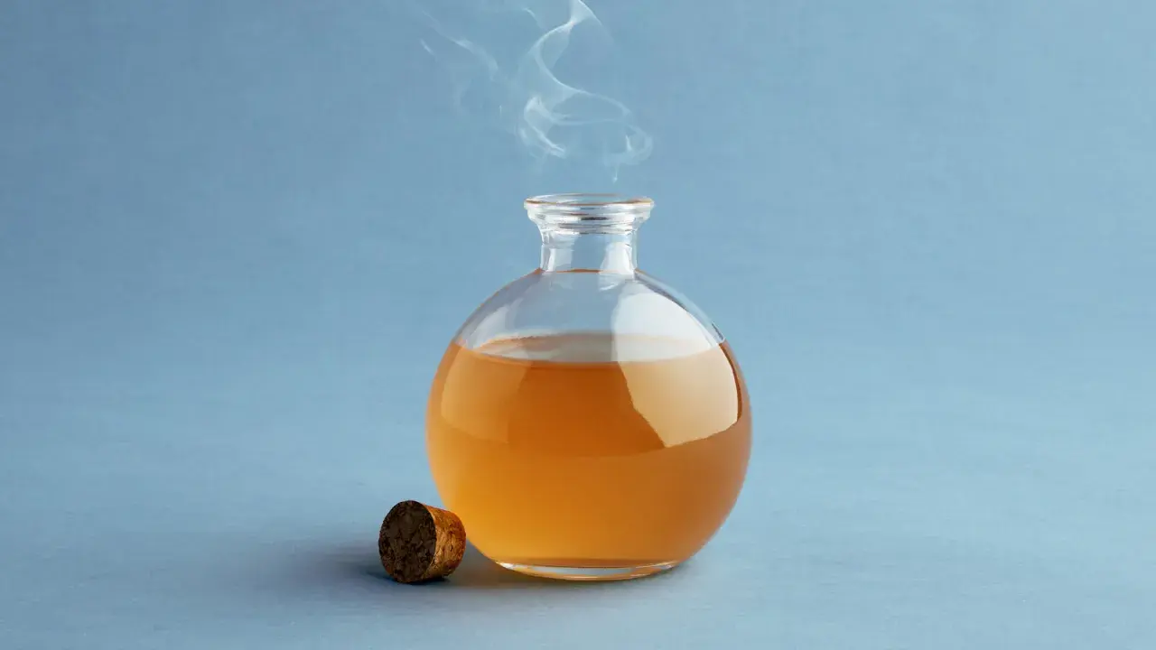 Botella de vidrio con vinagre de manzana y vapor saliendo. Descubre para qué es bueno el vinagre de manzana.