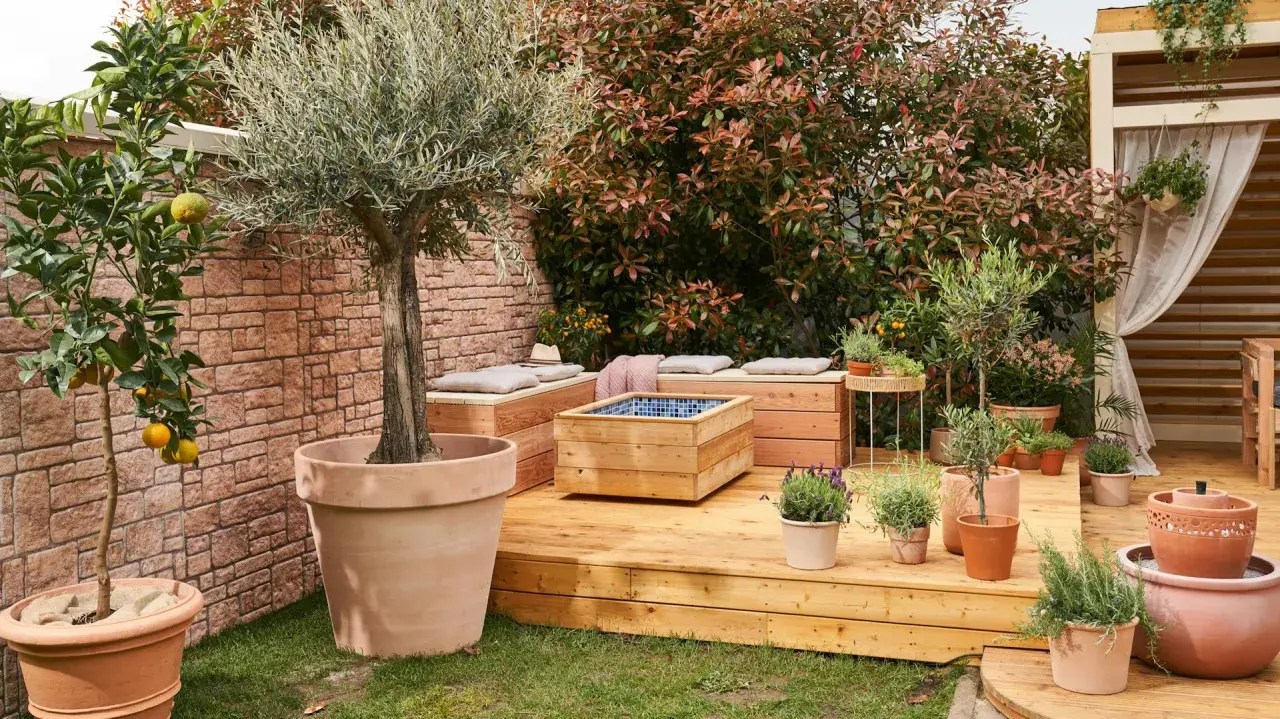 Ein idyllischer permakultur garten mit Olivenbaum, Zitruspflanze, Kräutern und Sitzgelegenheiten auf einer Holzterrasse.