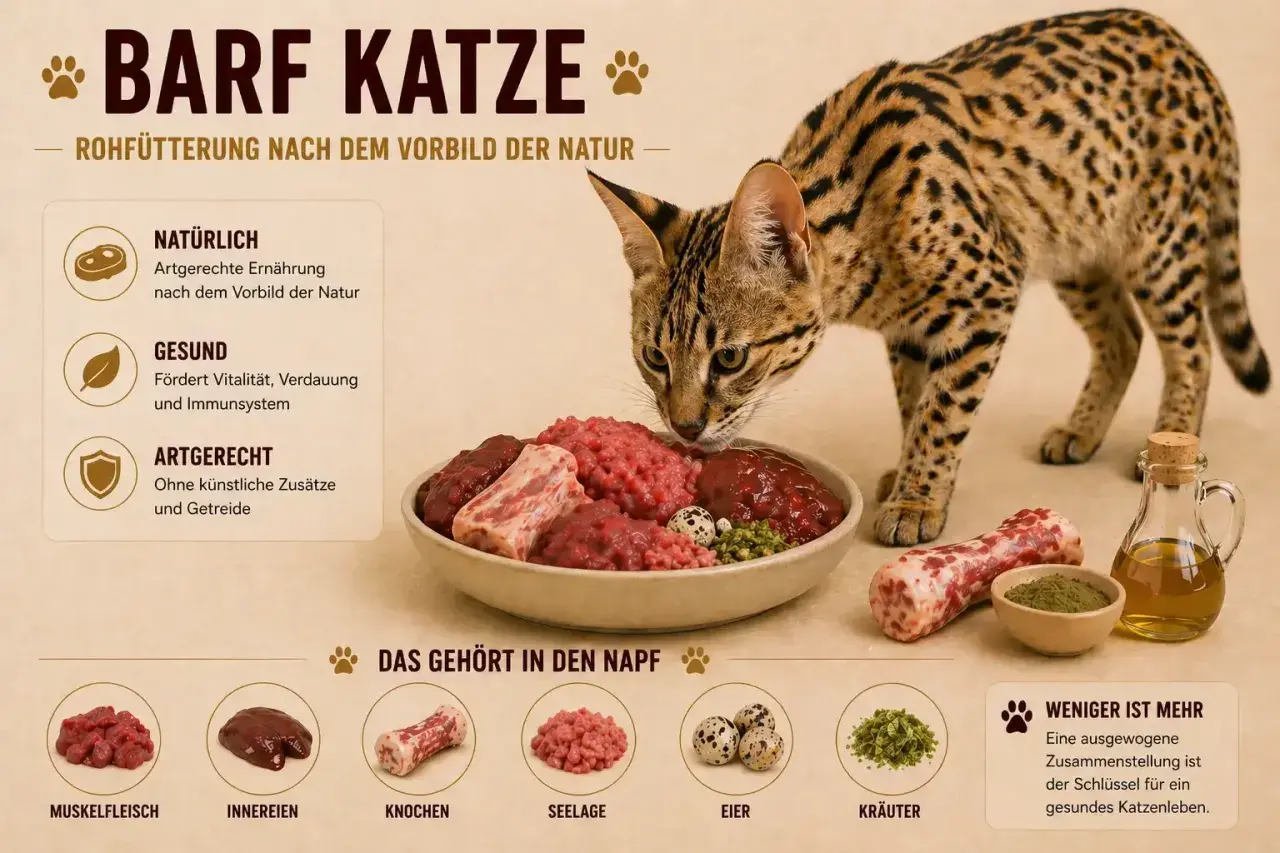 Eine Katze schnuppert an einer Schüssel mit rohem Fleisch, Knochen und Eiern. Die Grafik erklärt die Vorteile von katzen artgerechtem Barfen.