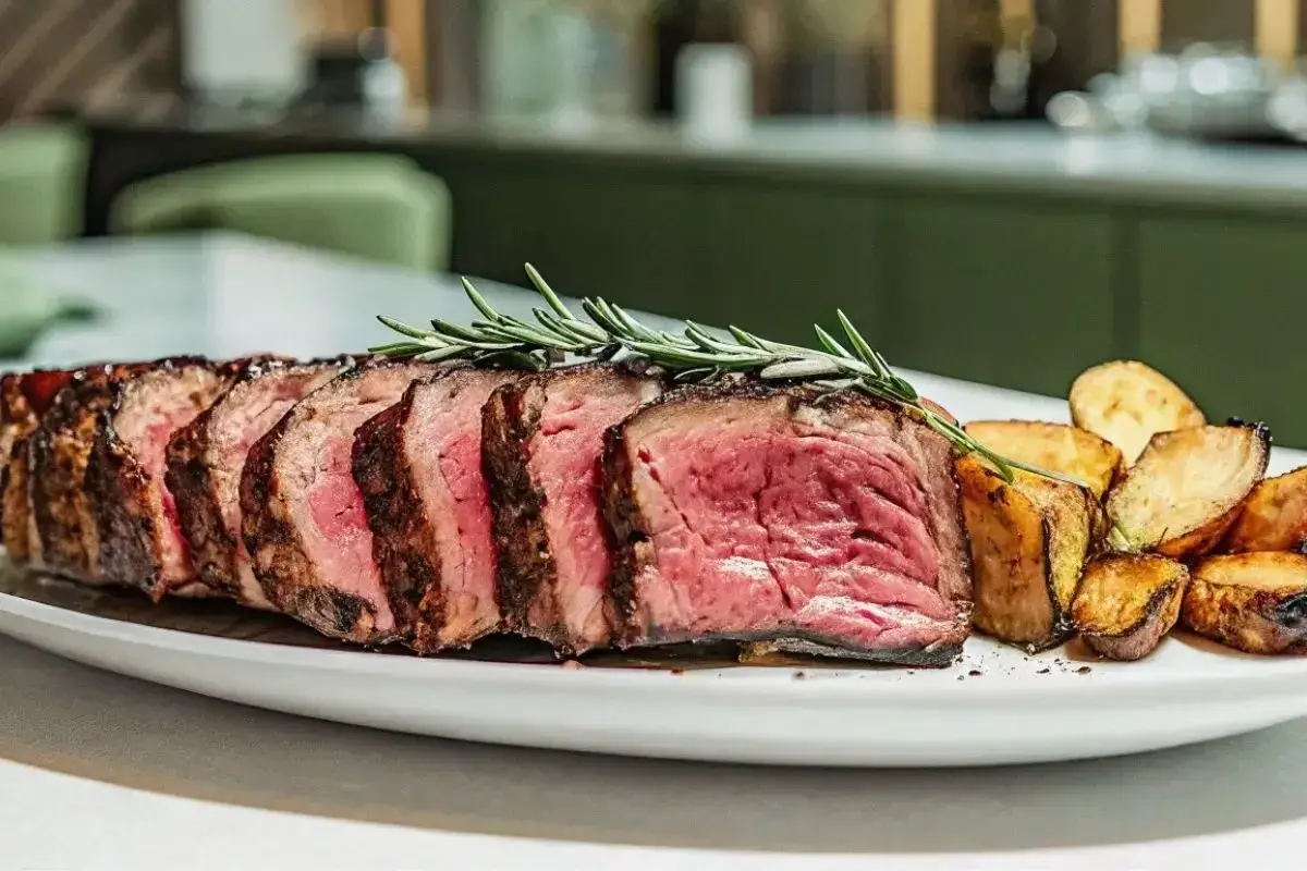 Un plat de côte de bœuf tranchée, saignante et garnie de romarin, accompagnée de pommes de terre rôties. Une recette côte de bœuf parfaite pour un repas d'exception.