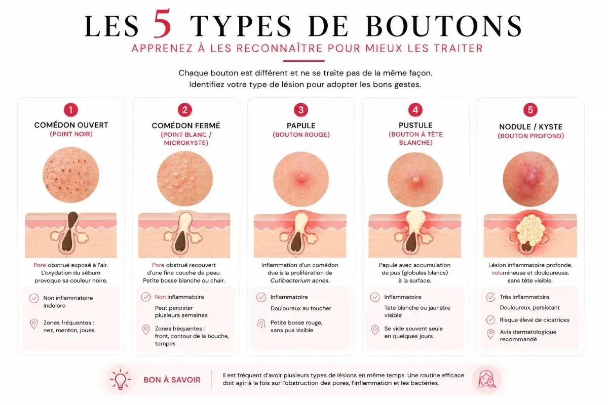 Infographie expliquant les 5 types de bouton : comédon, papule, pustule, nodule/kyste. Chaque bouton de brulure est illustré et décrit.