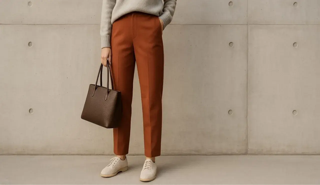 Pantalon couleur tan, pull gris, sac marron et chaussures beiges. Un look chic et décontracté.
